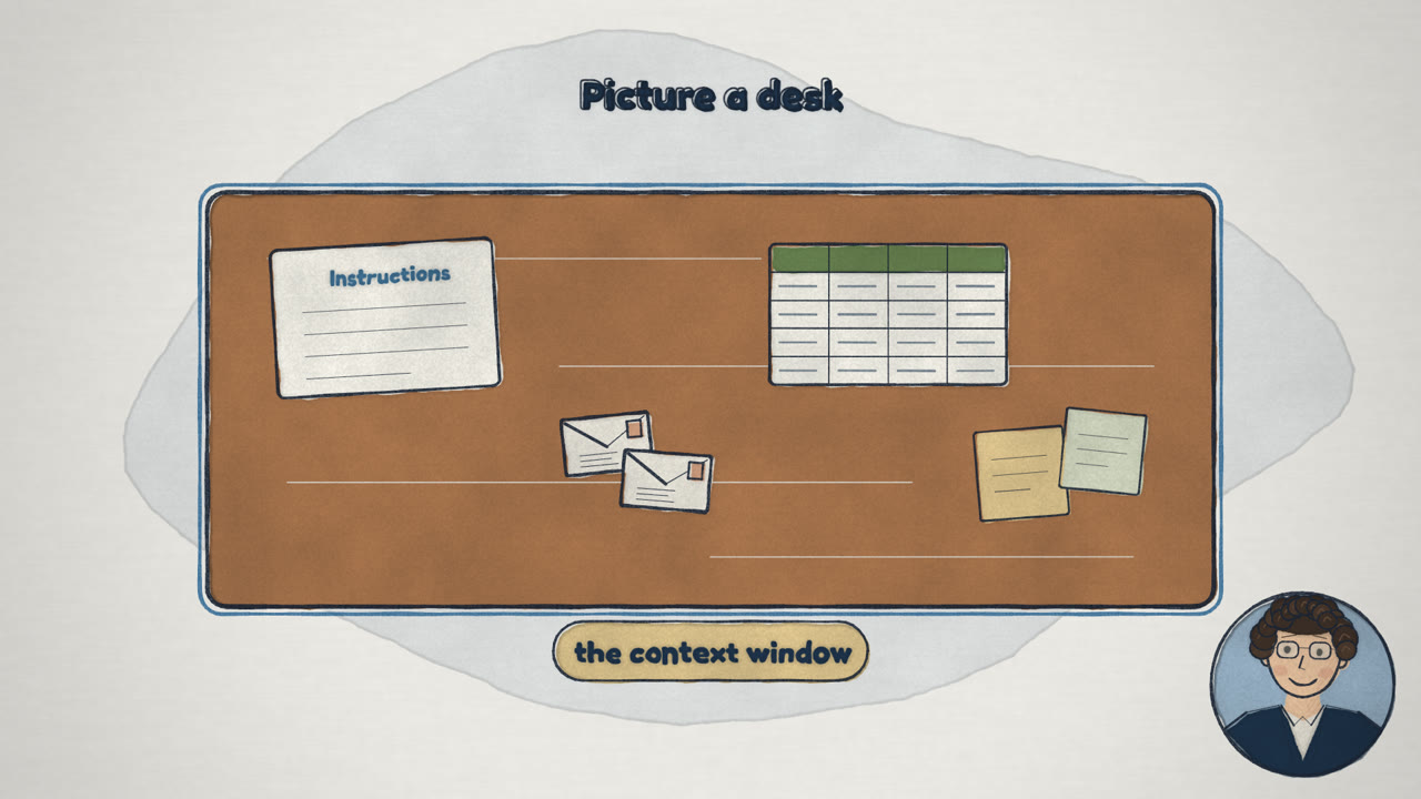 The context window is a desk: instructions, emails, a spreadsheet and notes all have to fit on it
