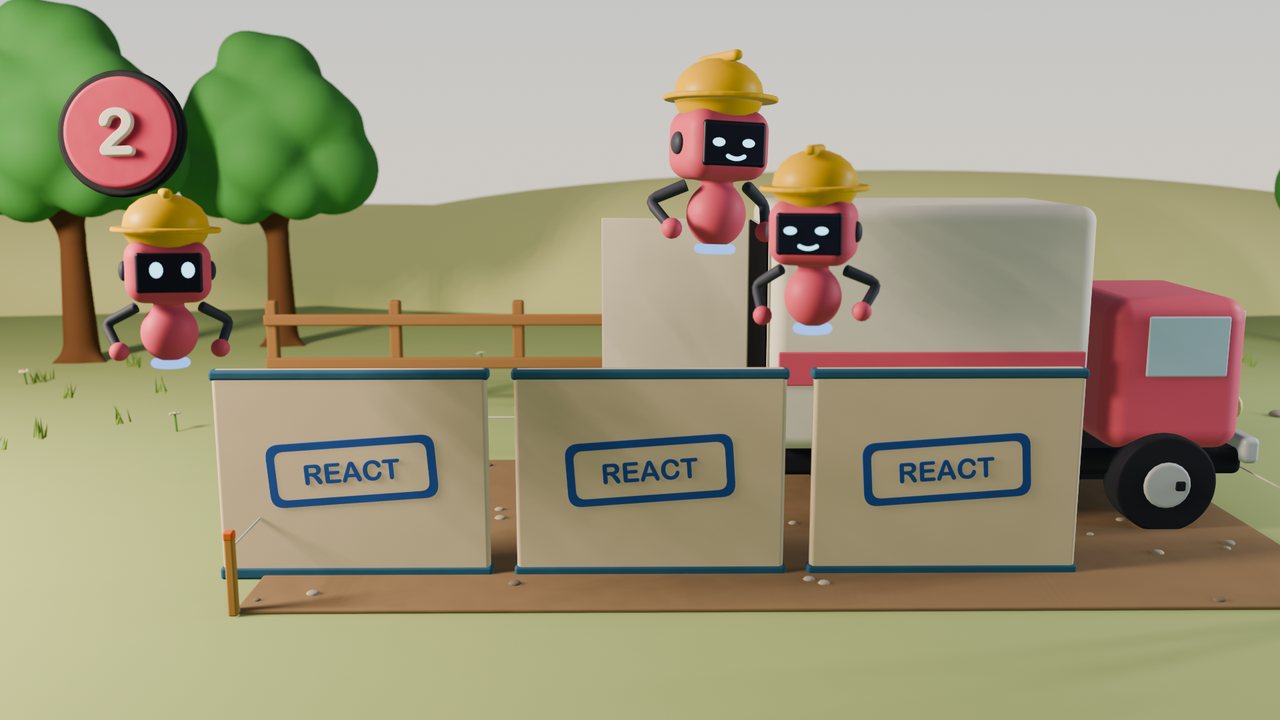 Builder robots in hard hats unload a starter template for the founder's app