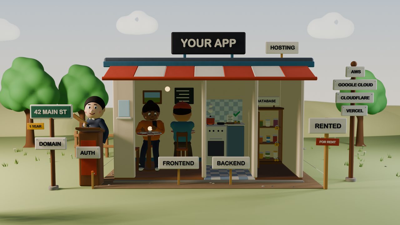 The app as a restaurant: the dining room, the kitchen, the pantry, the host at the door and the address on the sign