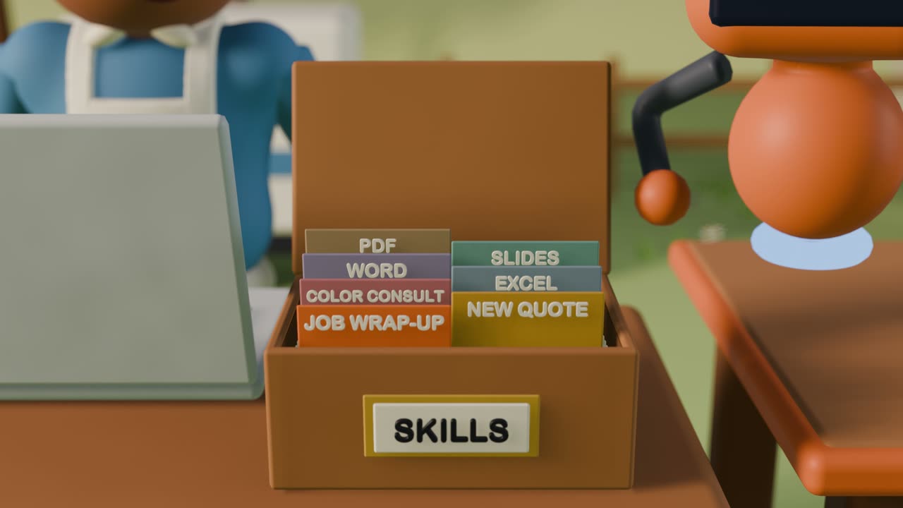 The SKILLS box: a wooden recipe-card box with tabbed cards, and the JOB WRAP-UP card pulled out with its template and checklist behind it