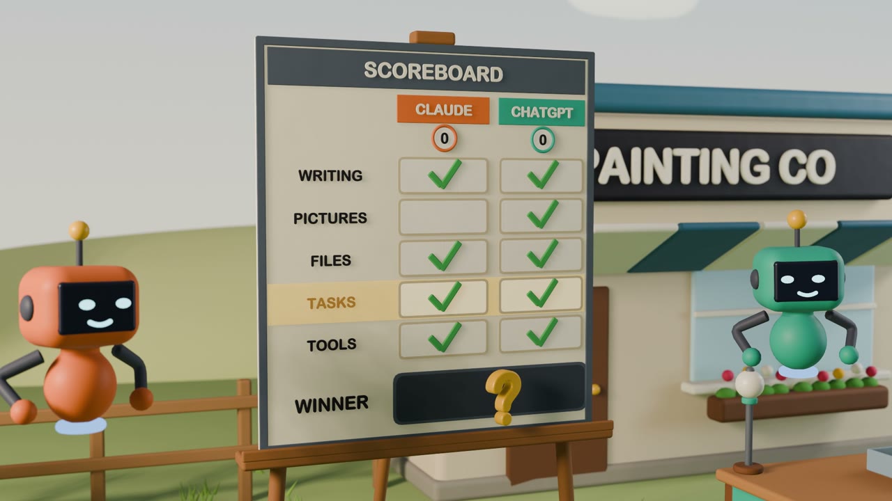 The scoreboard on its easel in Dana's yard: a CLAUDE column and a CHATGPT column, five rows from WRITING to TOOLS, with each round ticked